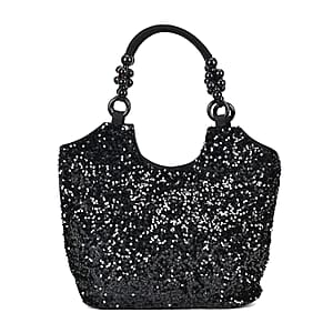 Sparkling Black Sequin Tote Bag with Wooden Bead Handle