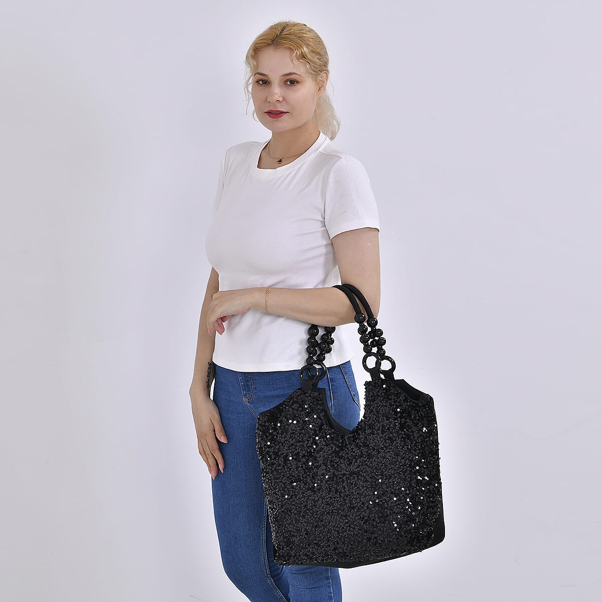 Sparkling Black Sequin Tote Bag with Wooden Bead Handle image number 1