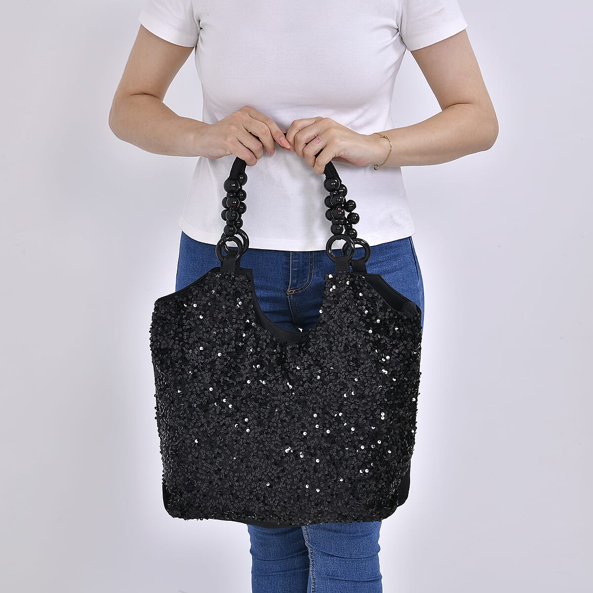 Sparkling Black Sequin Tote Bag with Wooden Bead Handle image number 2