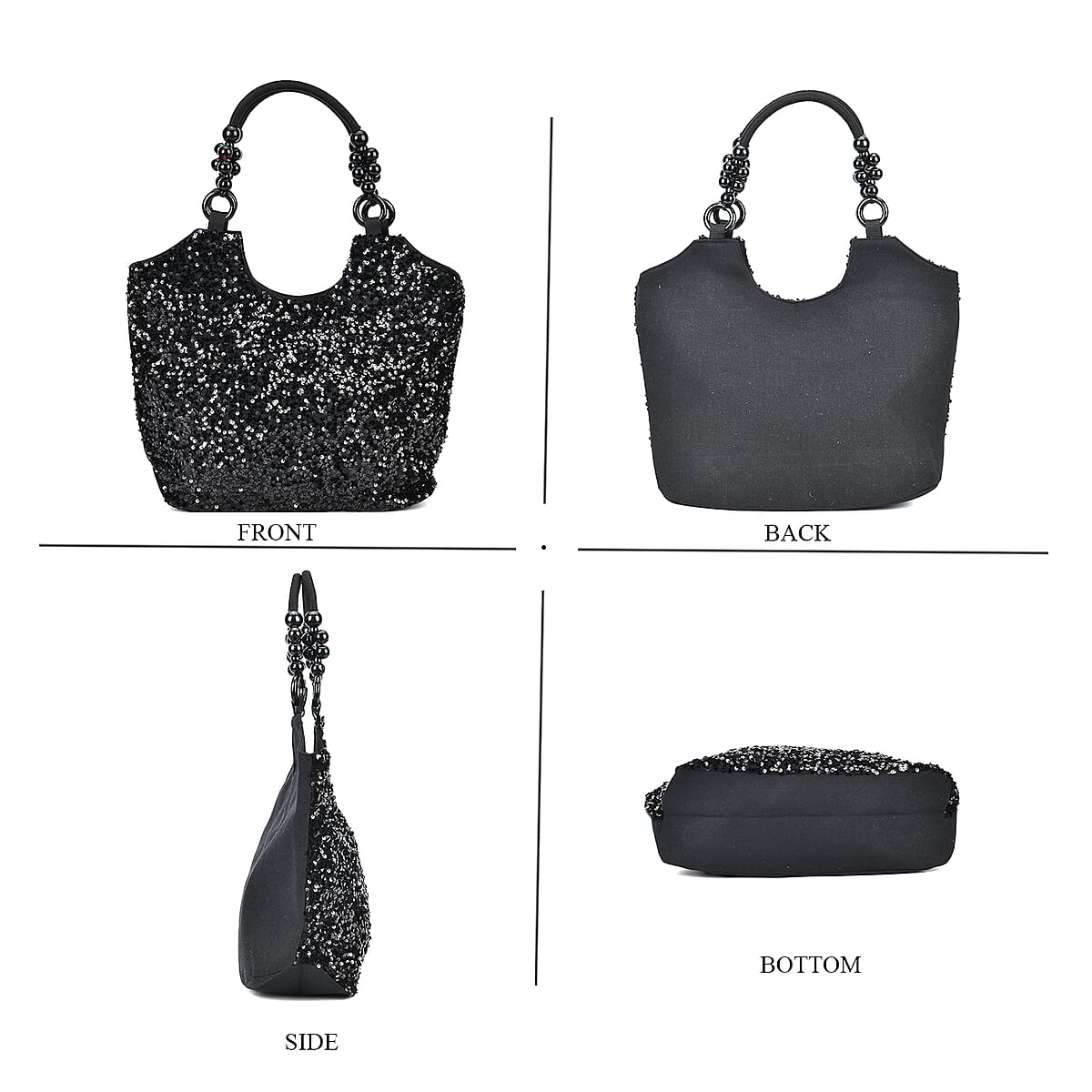 Sparkling Black Sequin Tote Bag with Wooden Bead Handle image number 3
