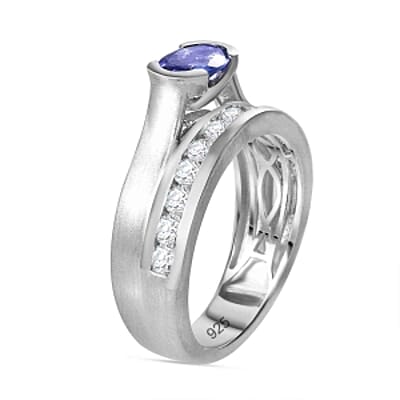 Tanzanite and White Zircon 1.59 ctw Fancy Ring in Rhodium Over Sterling Silver (Size 8.0) (5.21 g)