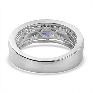 Tanzanite and White Zircon 1.59 ctw Fancy Ring in Rhodium Over Sterling Silver (Size 8.0) (5.21 g)
