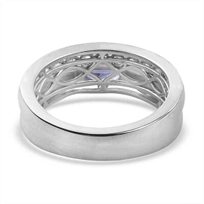 Tanzanite and White Zircon 1.59 ctw Fancy Ring in Rhodium Over Sterling Silver (Size 8.0) (5.21 g)