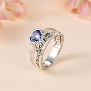 Tanzanite and White Zircon 1.66 ctw Fancy Ring in Rhodium Over Sterling Silver (Size 9)
