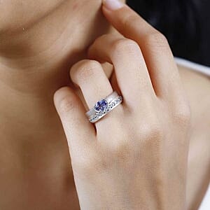 Tanzanite and White Zircon 1.66 ctw Fancy Ring in Rhodium Over Sterling Silver (Size 9)
