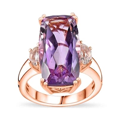 Premium Rose De France Amethyst and White Topaz 13.00 ctw Solitaire Ring in Vermeil Rose Gold Over Sterling Silver (Size 8.0)