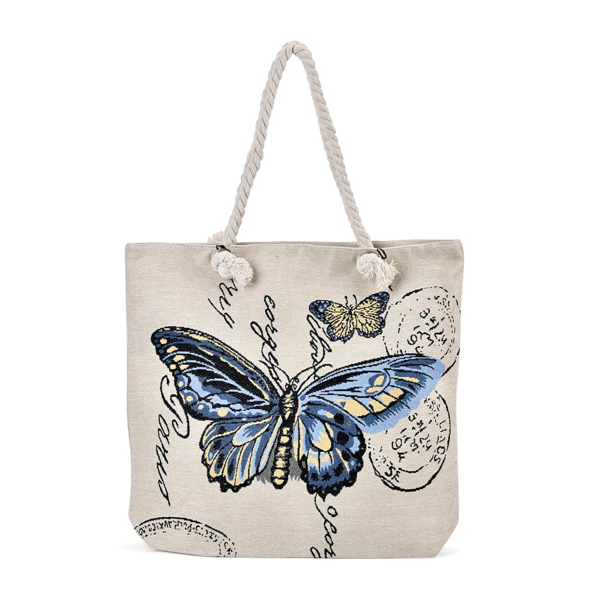 Blue Butterfly Pattern Jute Large Tote Bag image number 0