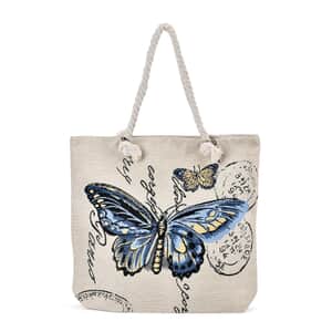 Blue Butterfly Pattern Jute Large Tote Bag