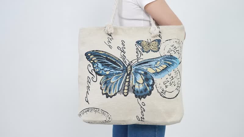 Blue Butterfly Pattern Jute Large Tote Bag (18"x3.9"x16")