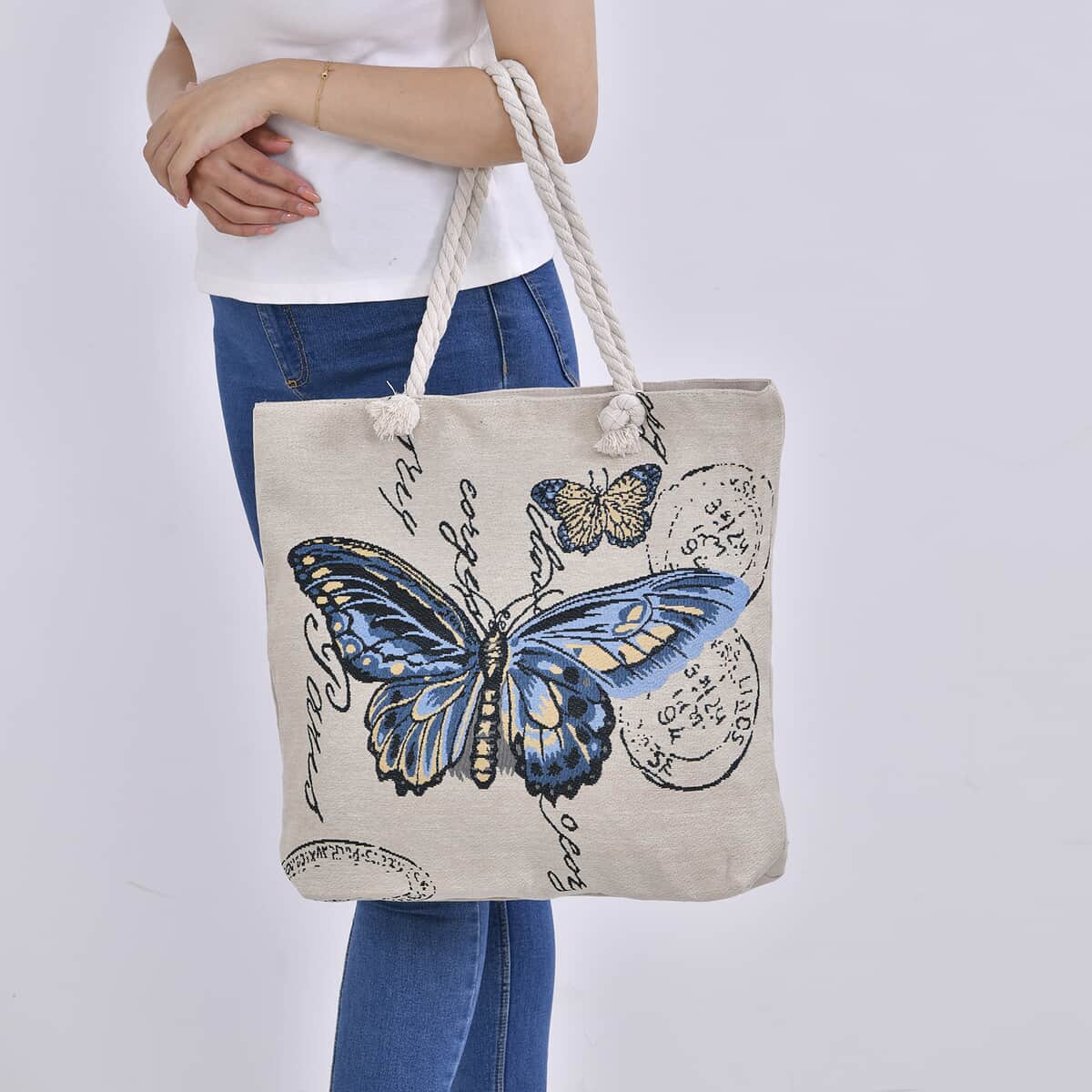 Blue Butterfly Pattern Jute Large Tote Bag image number 2