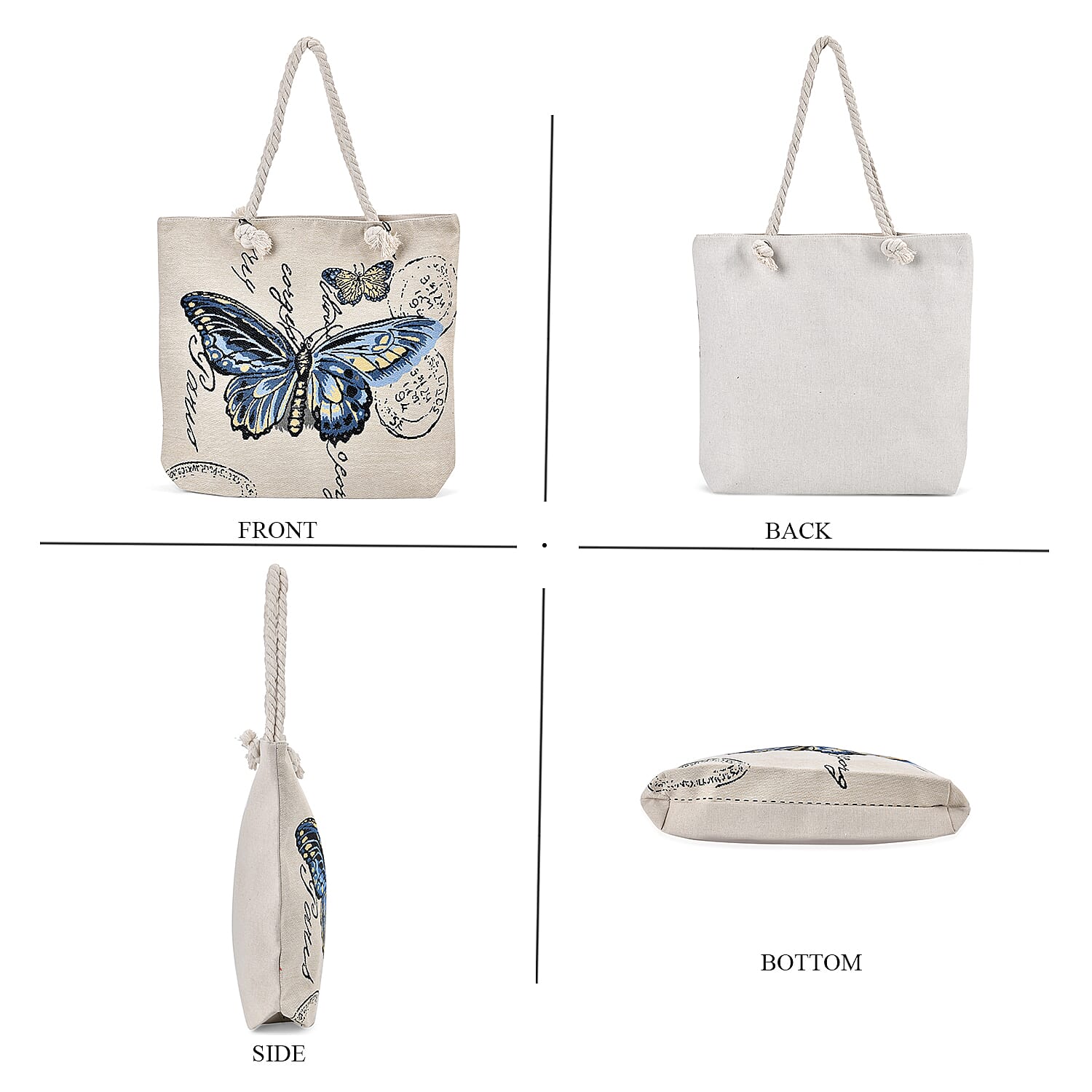 Blue Butterfly Pattern Jute Large Tote Bag