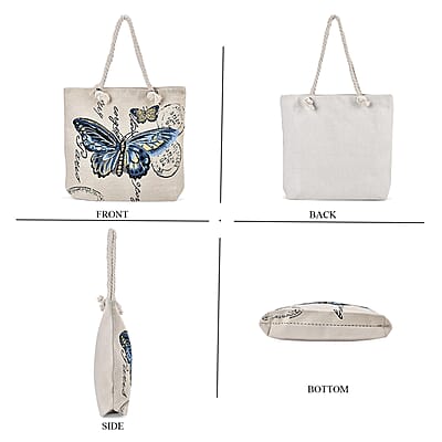 Blue Butterfly Pattern Jute Large Tote Bag