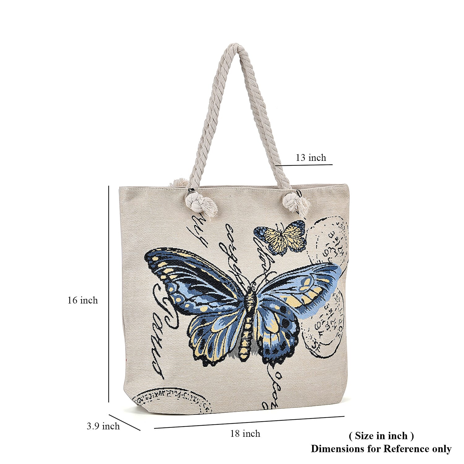 Blue Butterfly Pattern Jute Large Tote Bag