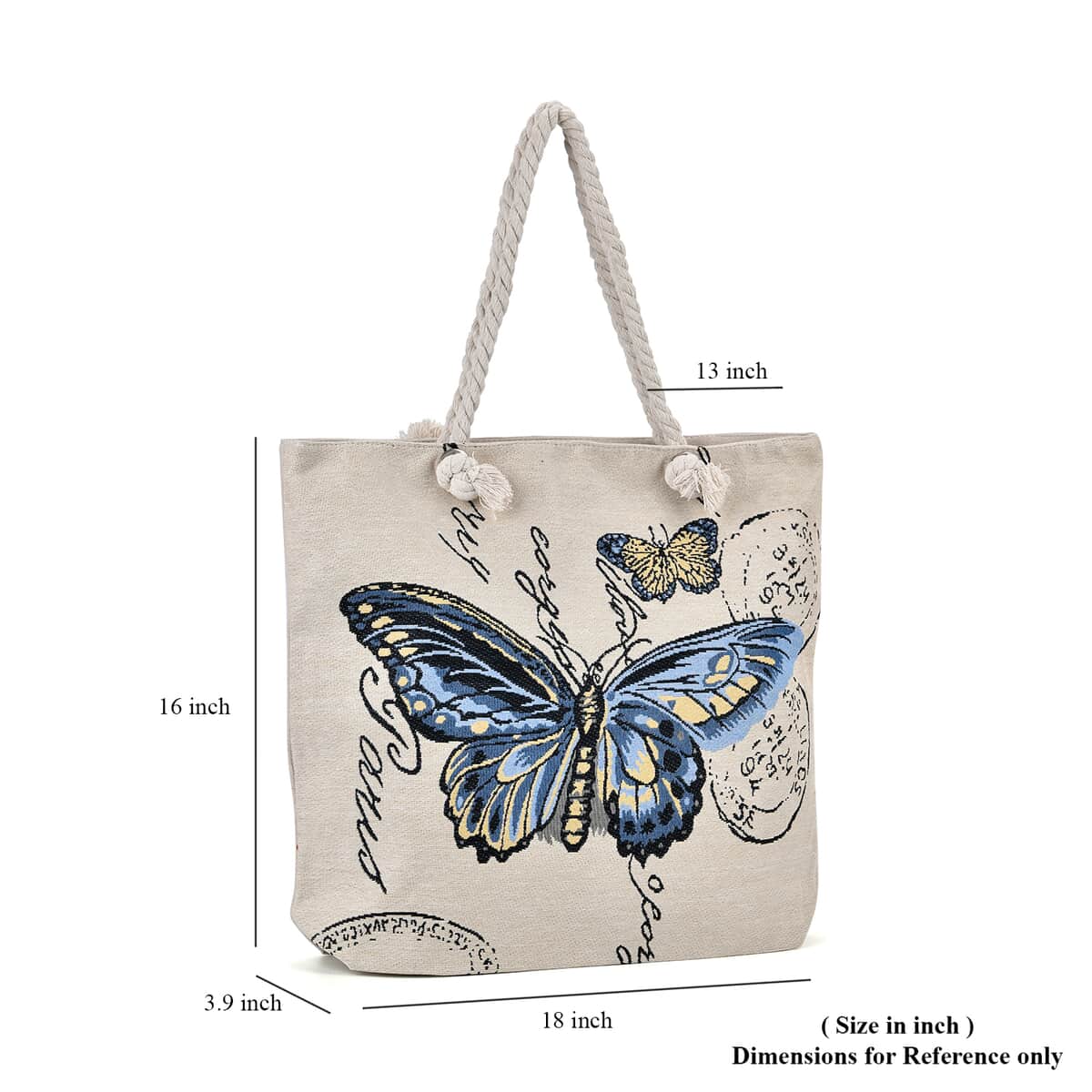 Blue Butterfly Pattern Jute Large Tote Bag image number 6
