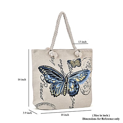 Blue Butterfly Pattern Jute Large Tote Bag