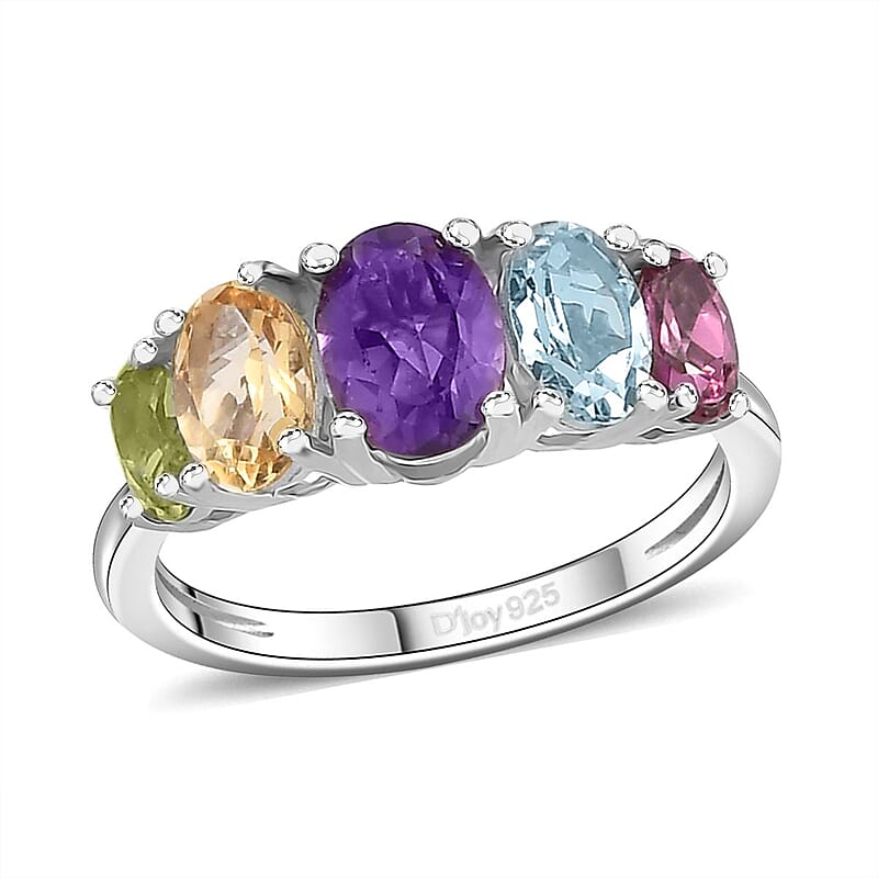 Multi Gemstone 5 Stone Ring in Platinum Over Sterling Silver (Size 10.0) 2.20 ctw