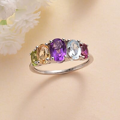 Multi Gemstone 5 Stone Ring in Platinum Over Sterling Silver (Size 10.0) 2.20 ctw