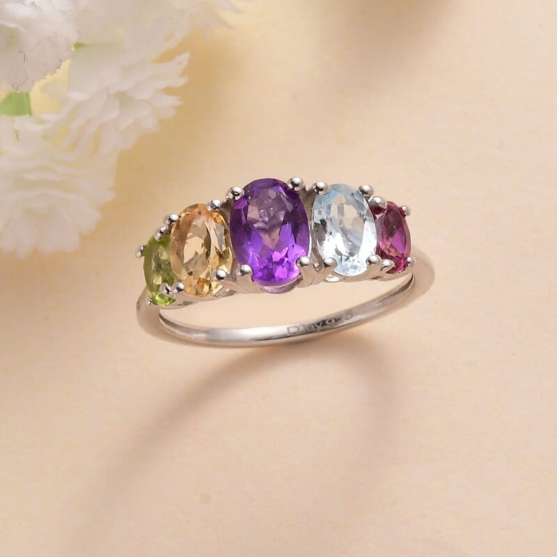 Multi Gemstone 5 Stone Ring in Platinum Over Sterling Silver (Size 10.0) 2.20 ctw
