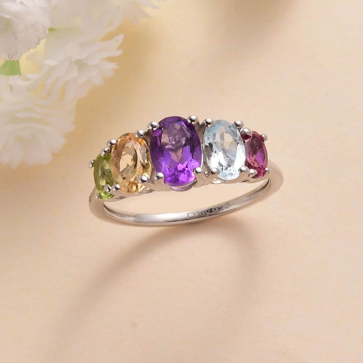 Multi Gemstone 5 Stone Ring in Platinum Over Sterling Silver (Size 8.0) 2.20 ctw image number 1