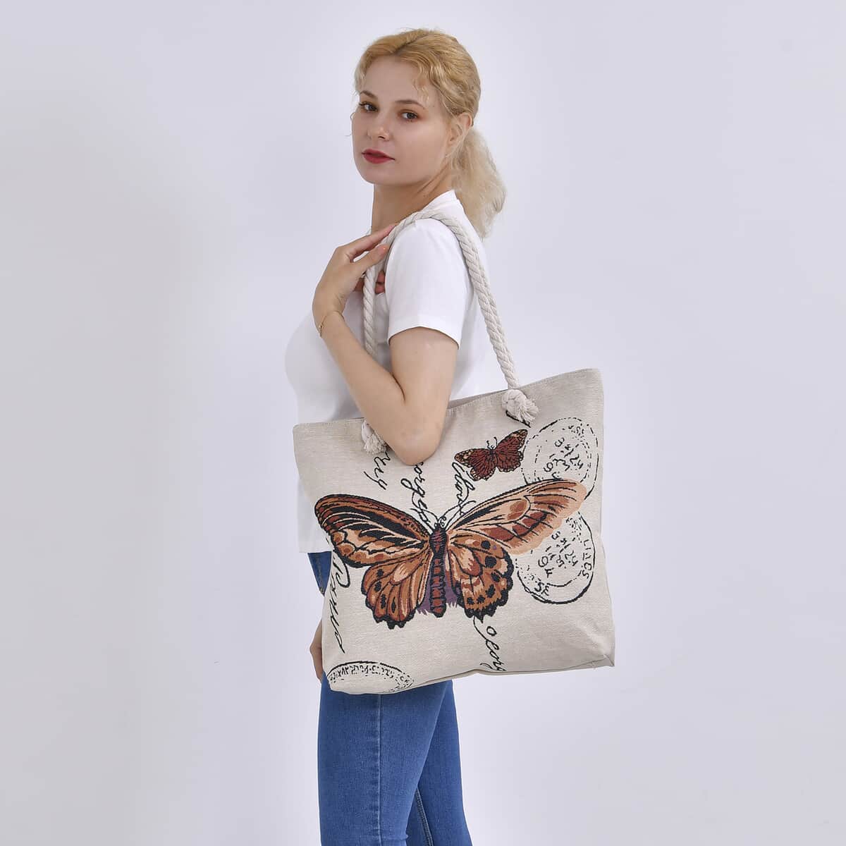 Red Butterfly Pattern Jute Large Tote Bag image number 1