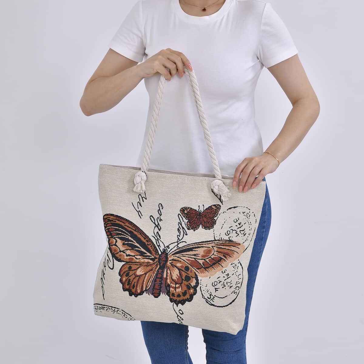 Red Butterfly Pattern Jute Large Tote Bag image number 2