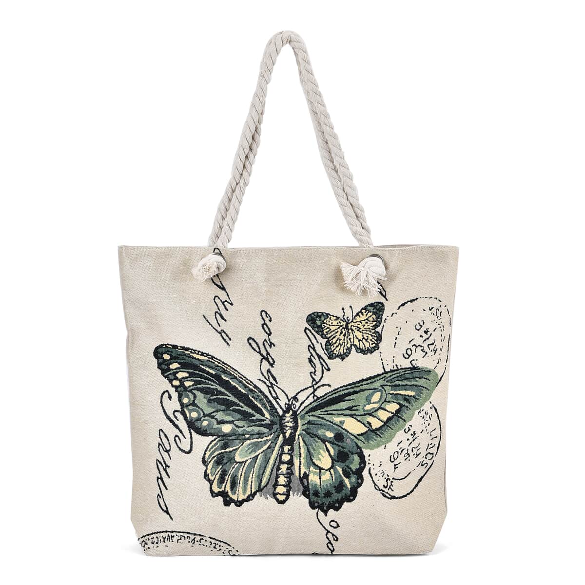 Green Butterfly Pattern Jute Large Tote Bag image number 0