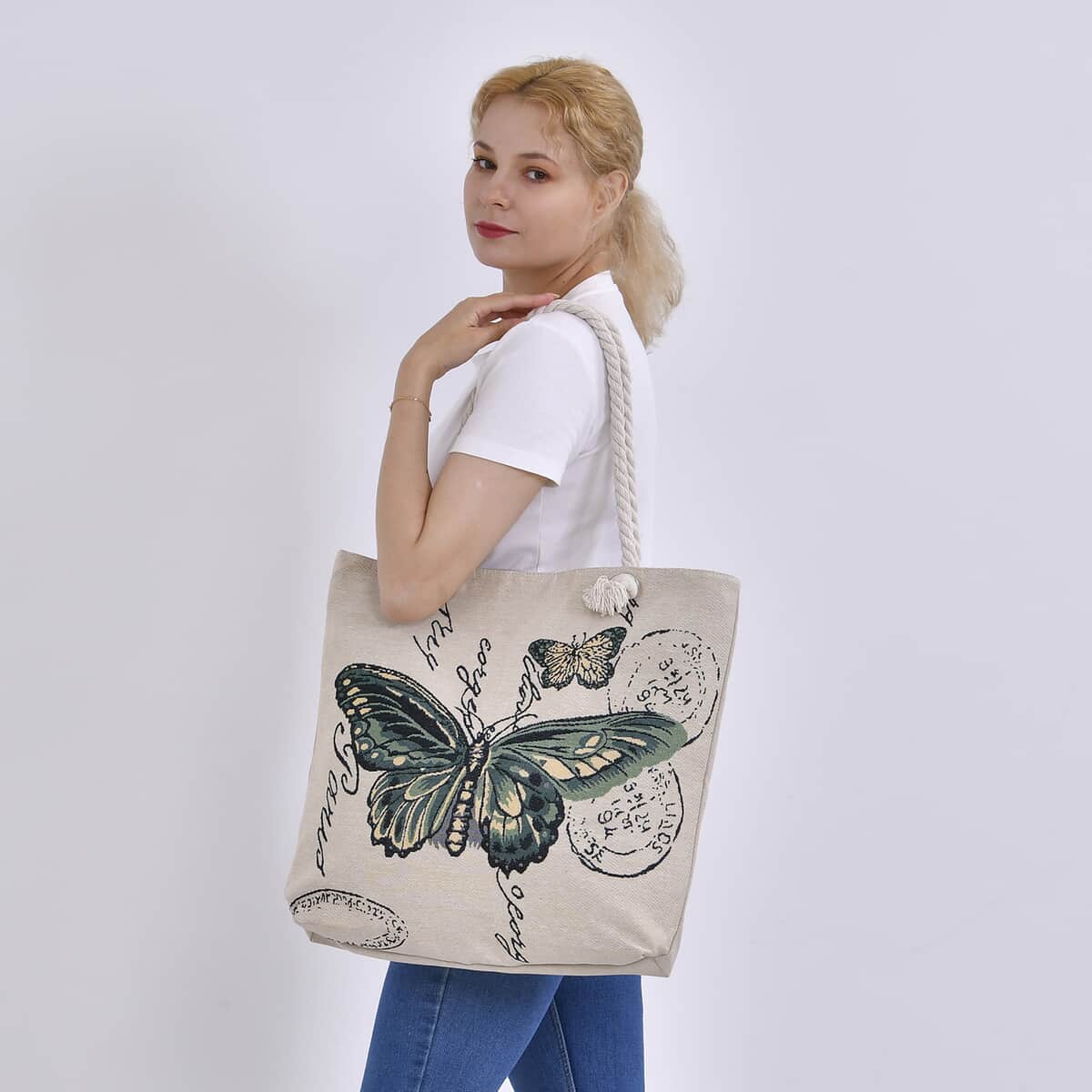 Green Butterfly Pattern Jute Large Tote Bag image number 1