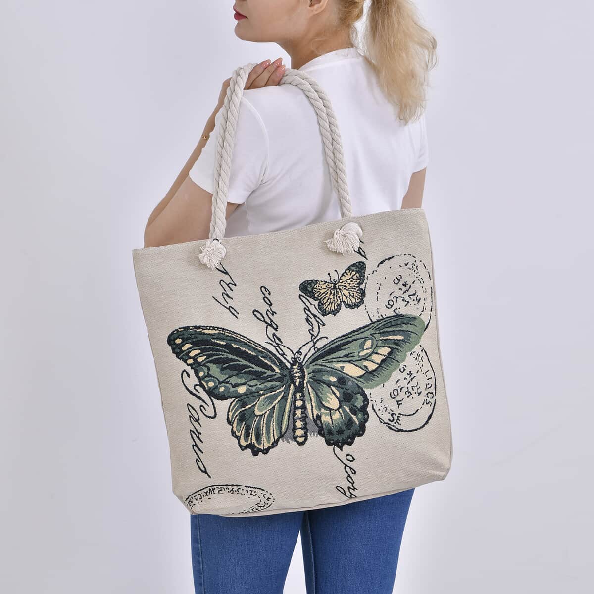 Green Butterfly Pattern Jute Large Tote Bag image number 2