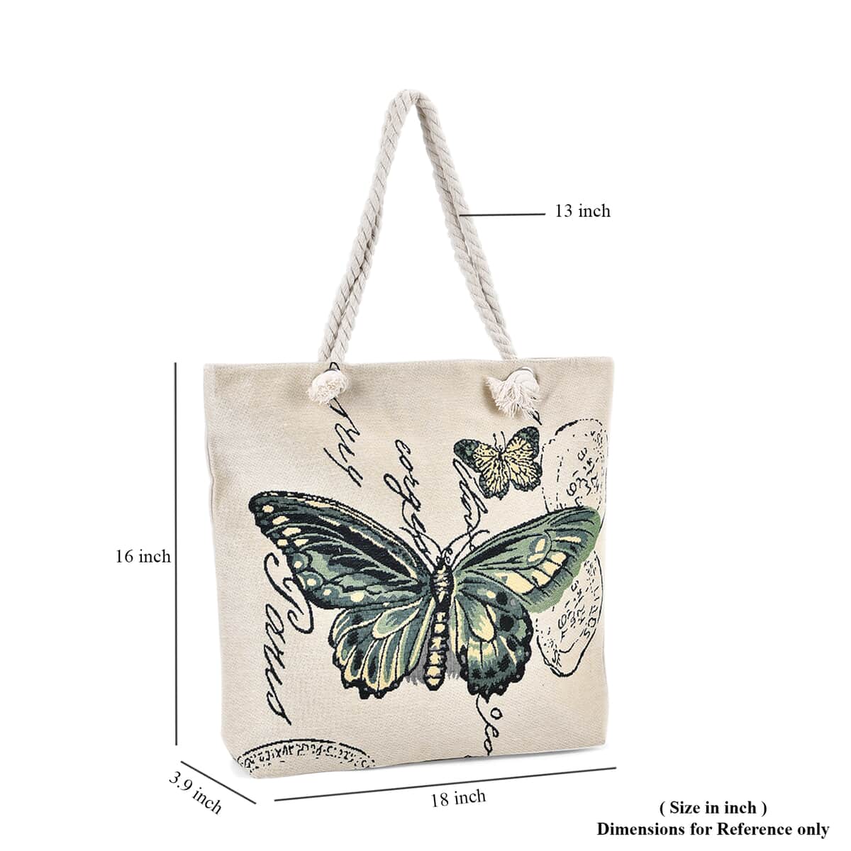Green Butterfly Pattern Jute Large Tote Bag image number 6