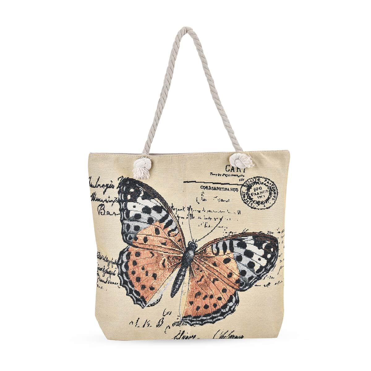 Yellow Butterfly Pattern Jute Large Tote Bag image number 0