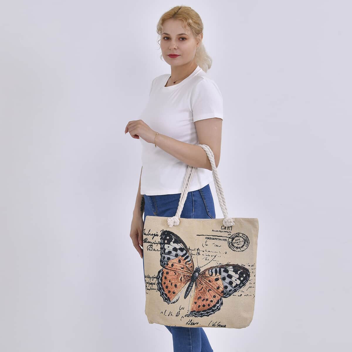 Yellow Butterfly Pattern Jute Large Tote Bag image number 1