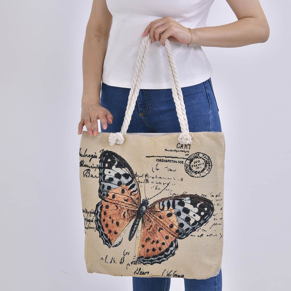 Yellow Butterfly Pattern Jute Large Tote Bag image number 2