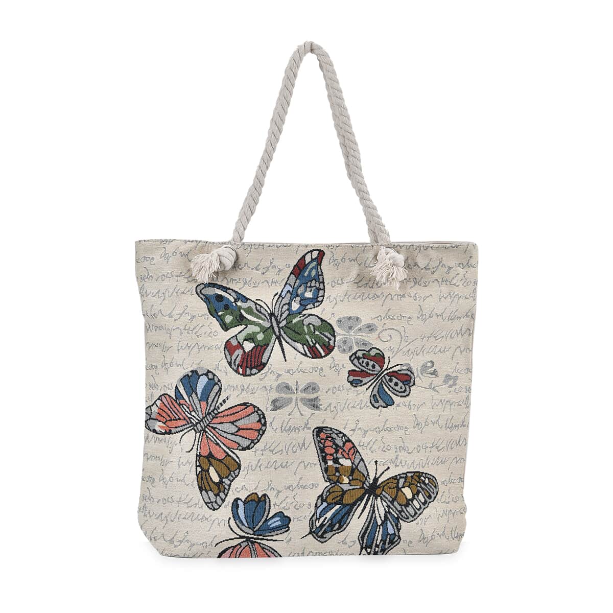 Multi Color Butterfly Pattern Jute Large Tote Bag image number 0