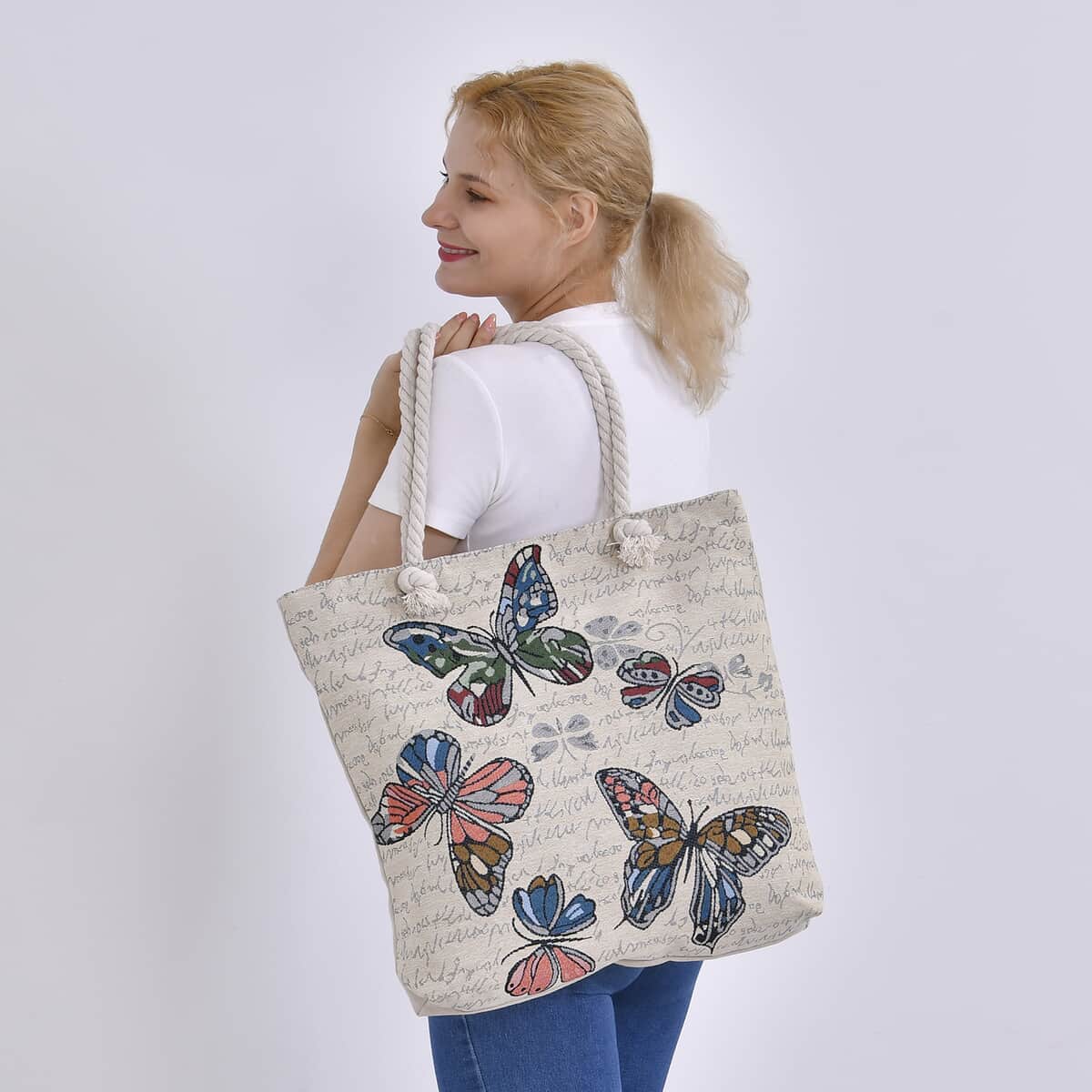 Multi Color Butterfly Pattern Jute Large Tote Bag image number 1