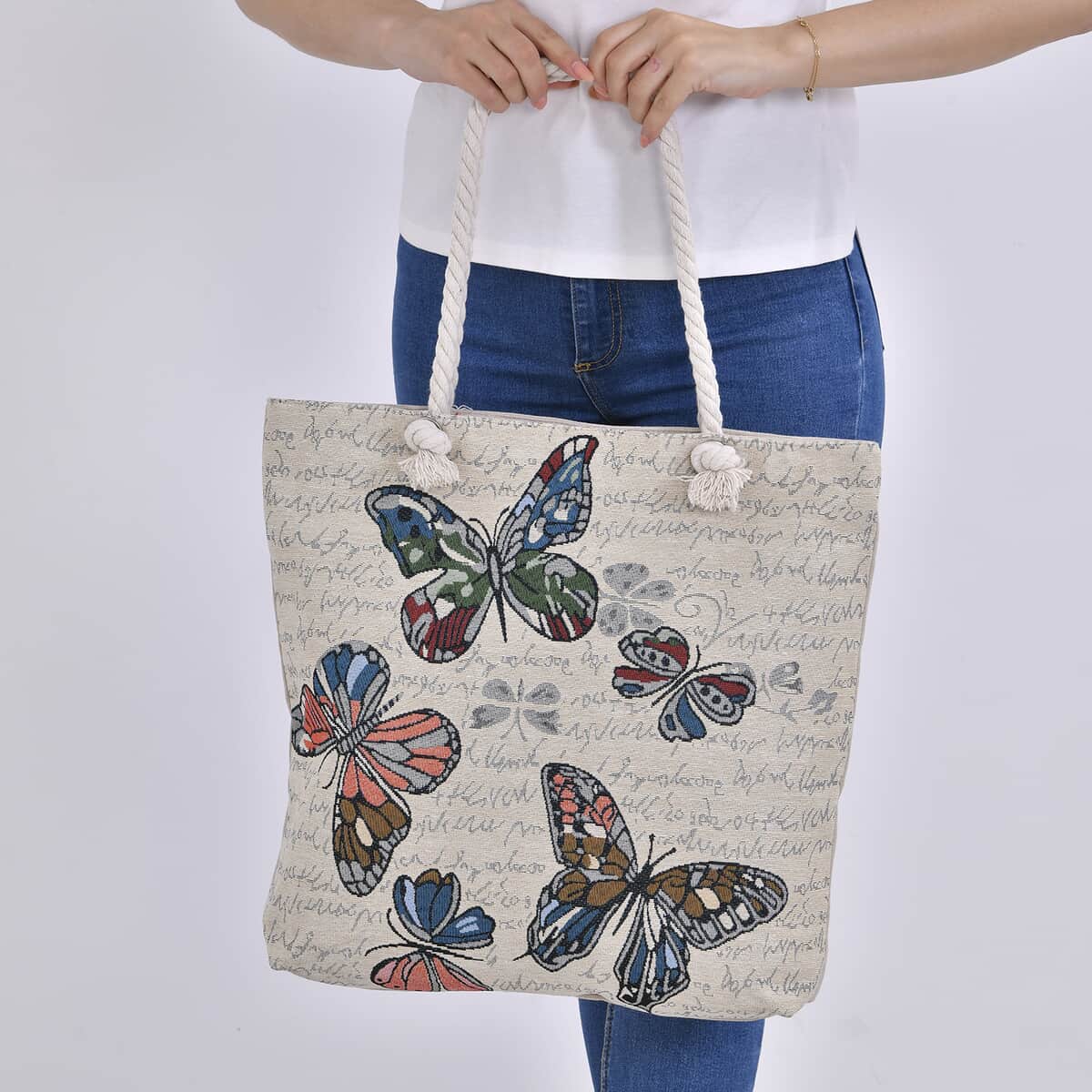 Multi Color Butterfly Pattern Jute Large Tote Bag image number 2