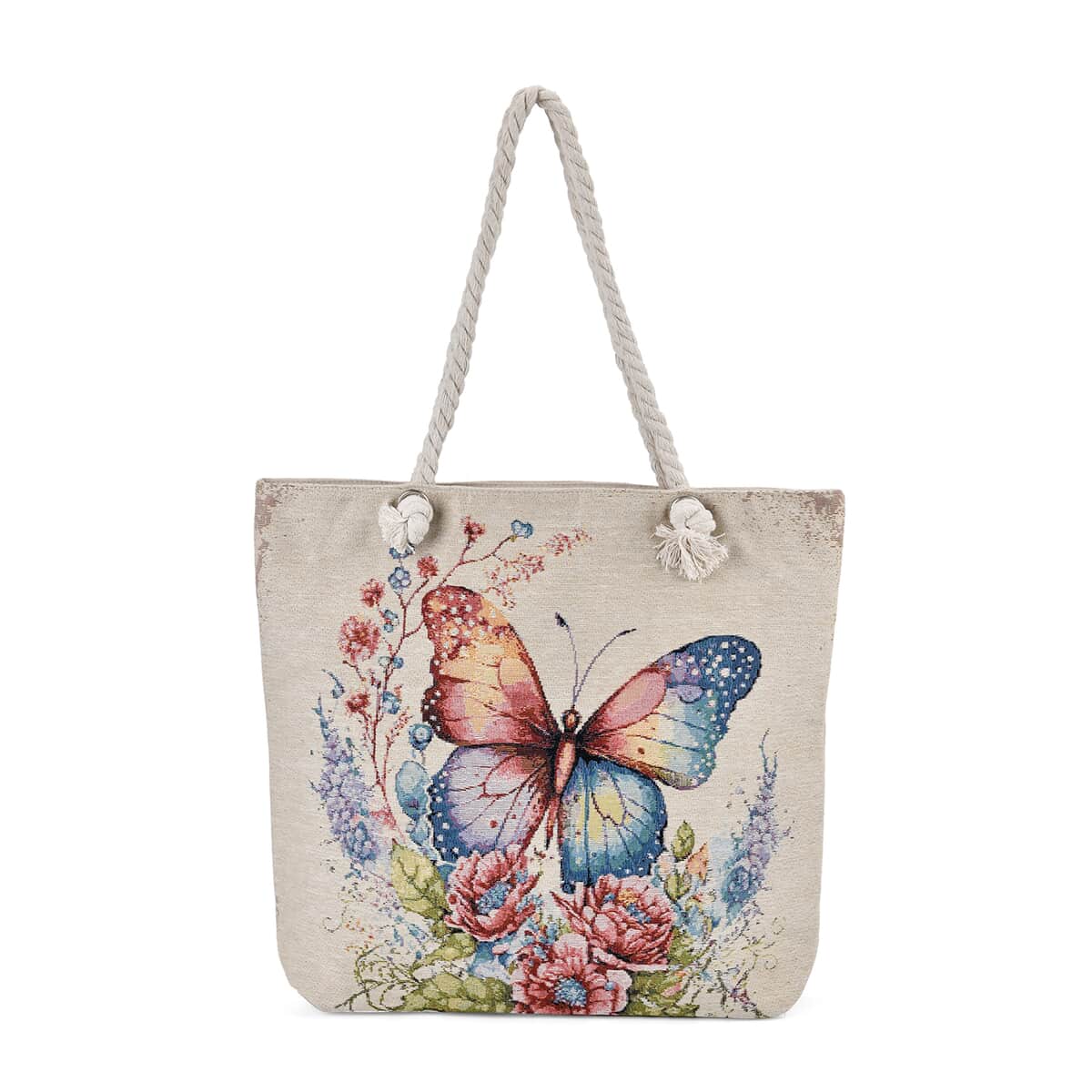 Pink Butterfly Pattern Jute Large Tote Bag image number 0