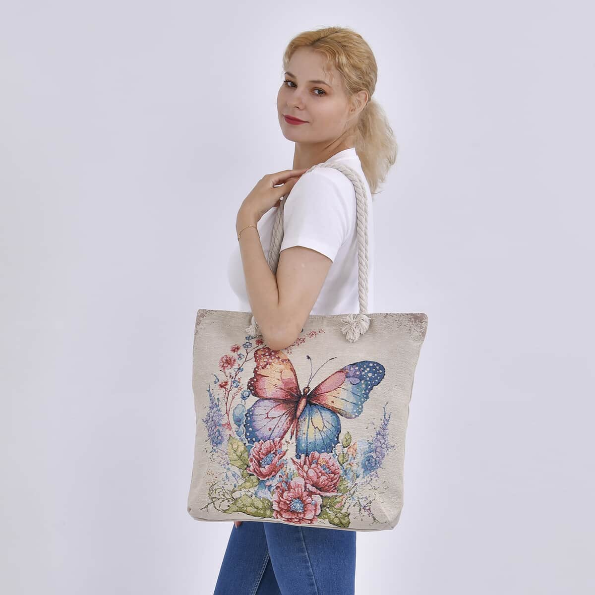 Pink Butterfly Pattern Jute Large Tote Bag image number 1