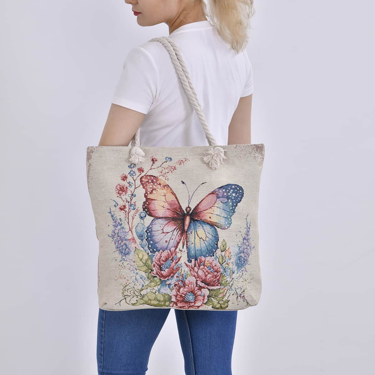 Pink Butterfly Pattern Jute Large Tote Bag image number 2