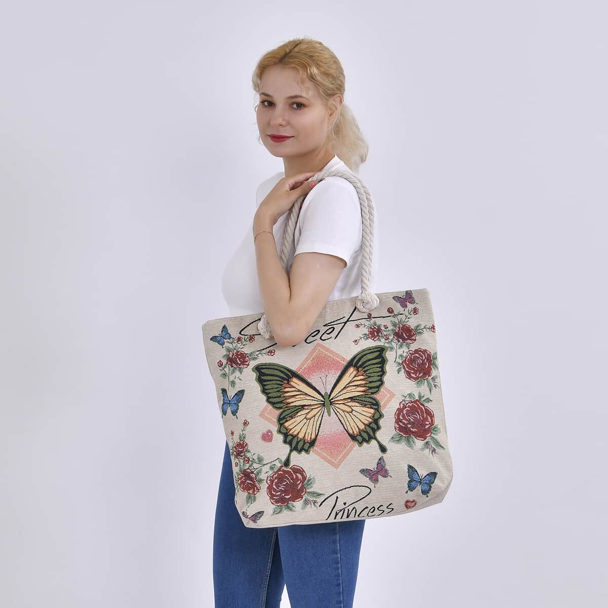 Orange Butterfly Pattern Jute Large Tote Bag image number 1