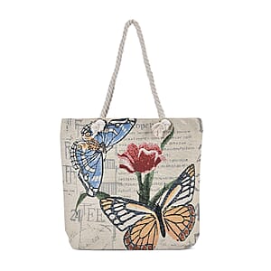 Orange and Blue Butterfly Pattern Jute Large Tote Bag