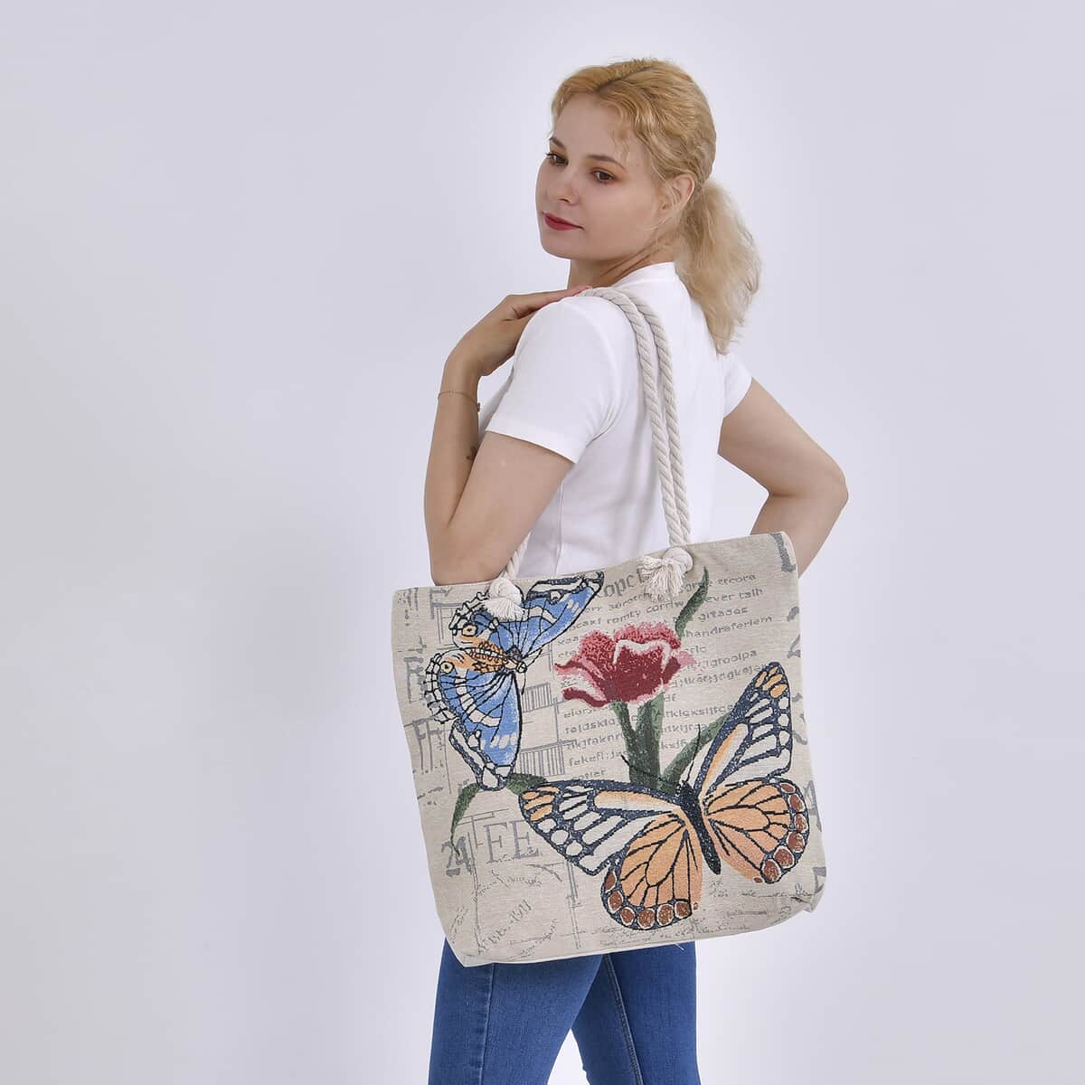 White Butterfly Pattern Jute Large Tote Bag image number 1