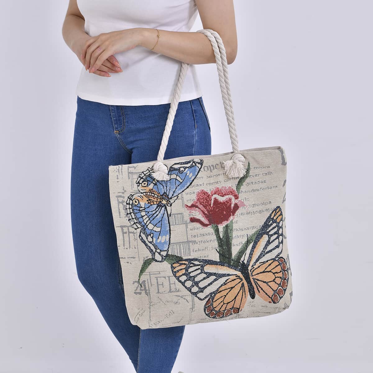 White Butterfly Pattern Jute Large Tote Bag image number 2