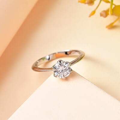 Moissanite Solitaire Ring in Platinum Over Sterling Silver (Size 10.0) 0.75 ctw