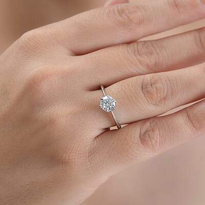 Moissanite Solitaire Ring in Platinum Over Sterling Silver (Size 10.0) 0.75 ctw