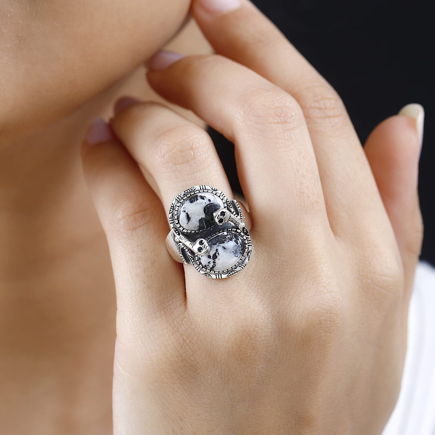 Artisan Crafted White Buffalo Snake Ring in Black Oxidized Sterling Silver (Size 10.0) 7.75 ctw