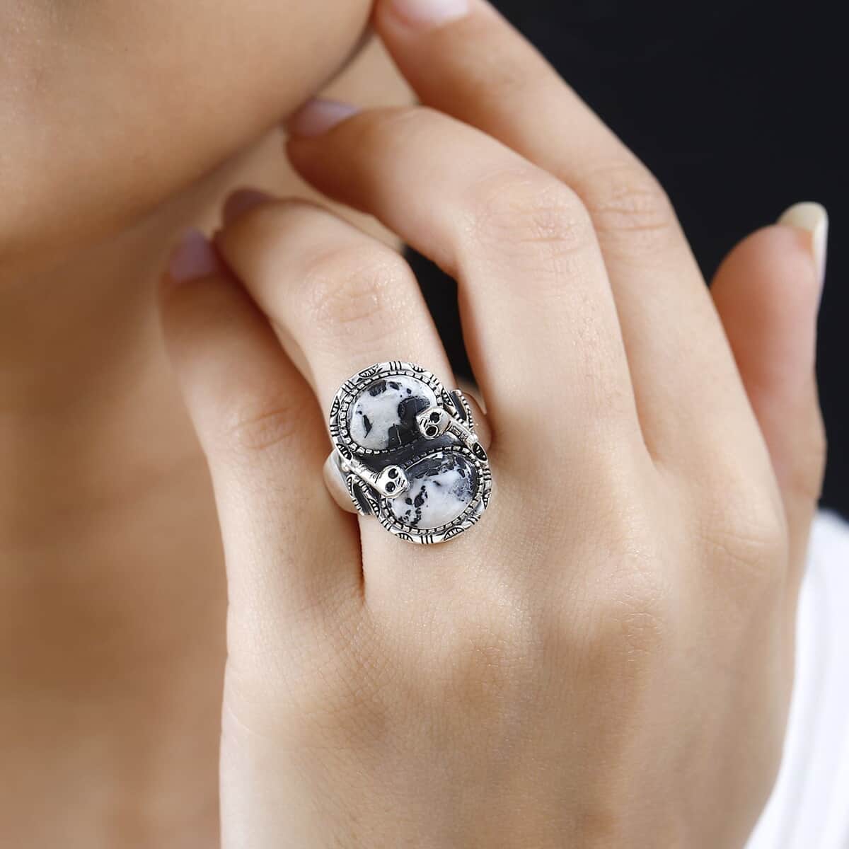 Artisan Crafted White Buffalo Snake Ring in Black Oxidized Sterling Silver (Size 5.0) 7.75 ctw image number 2