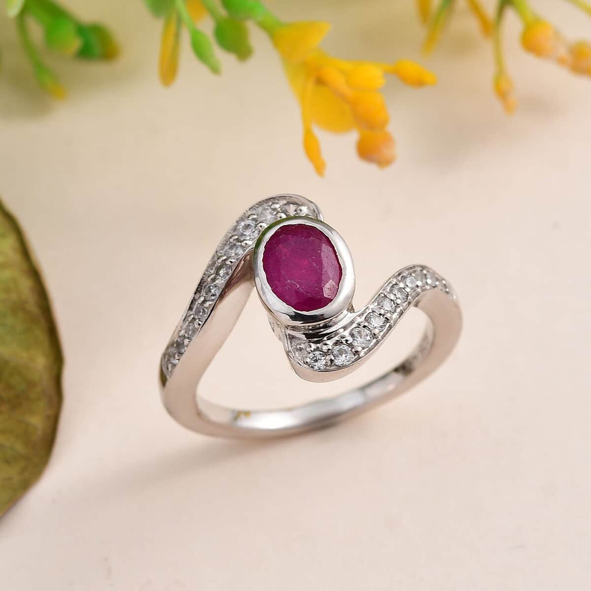 Niassa Ruby (FF) and White Zircon Ring in Platinum Over Sterling Silver (Size 6.0) 1.60 ctw image number 1