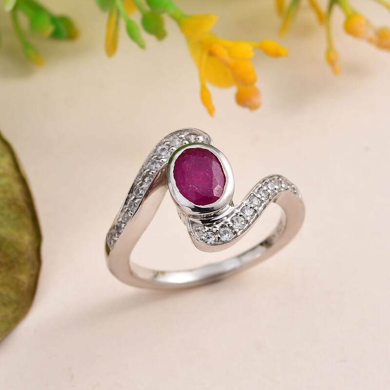 Niassa Ruby (FF) and White Zircon Ring in Platinum Over Sterling Silver (Size 6.0) 1.60 ctw