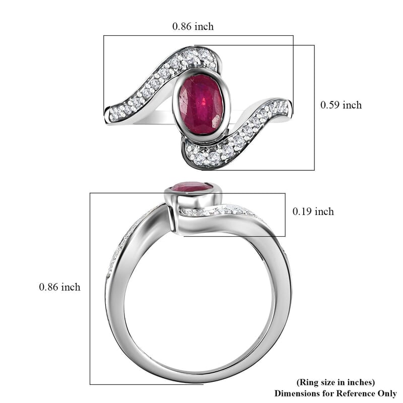 Niassa Ruby (FF) and White Zircon Ring in Platinum Over Sterling Silver (Size 6.0) 1.60 ctw