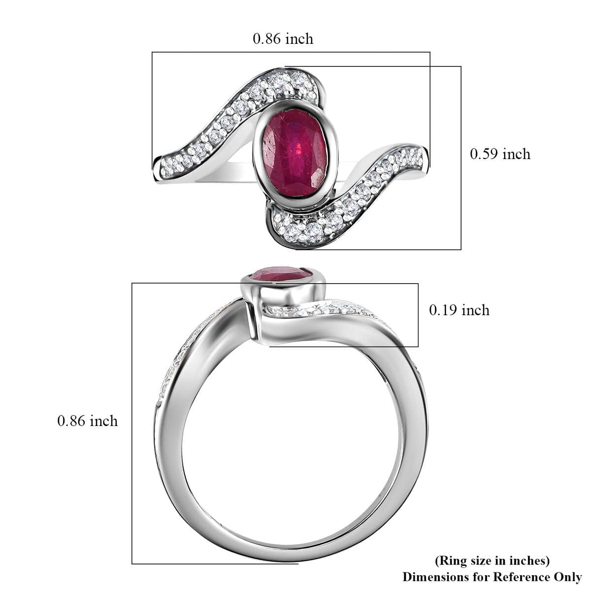 Niassa Ruby (FF) and White Zircon Ring in Platinum Over Sterling Silver (Size 8.0) 1.60 ctw image number 5